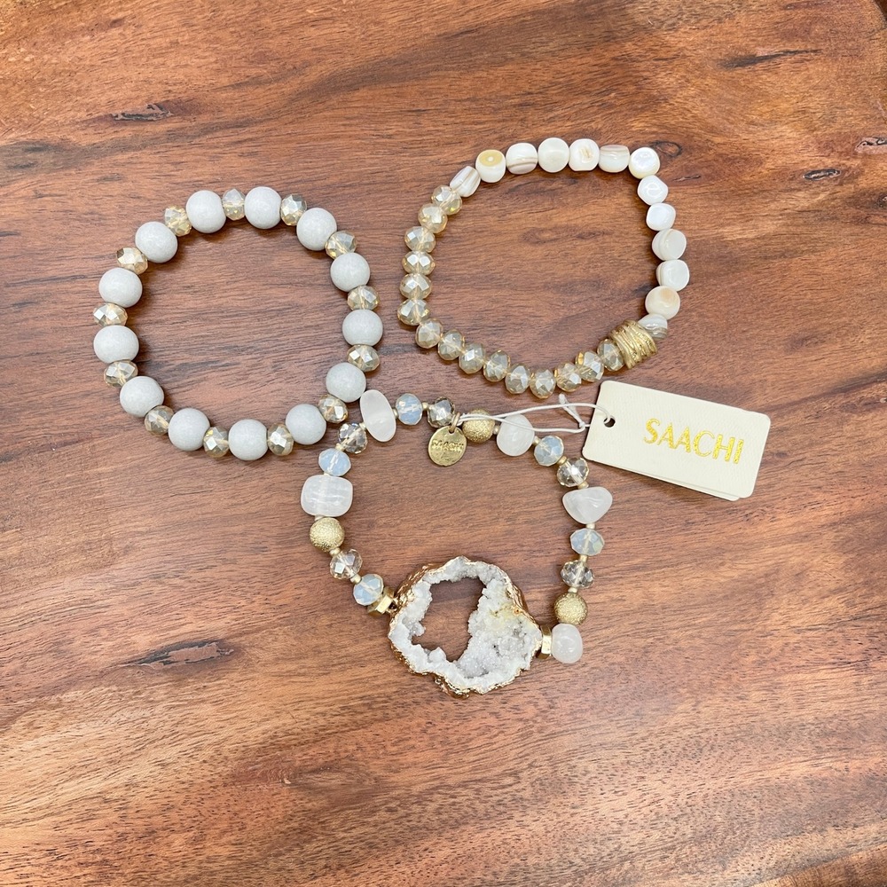 SAACHI Bracelet Set Stone Geode Crystal Beaded Stretch NWT Boho Stackable Artsy
